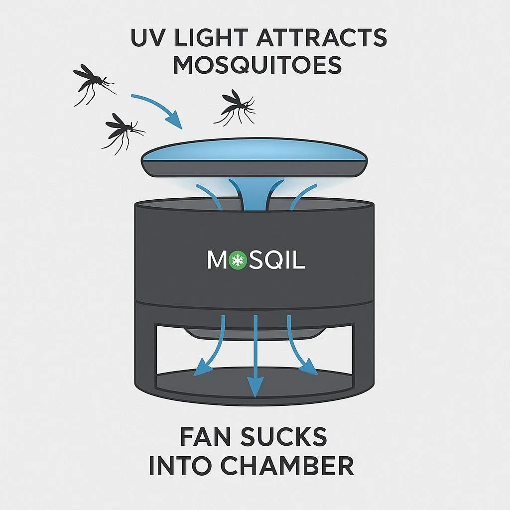 Diagram showing how the Mosqil mosquito killer uses UV light to attract mosquitoes and a fan to pull them into the chamber.