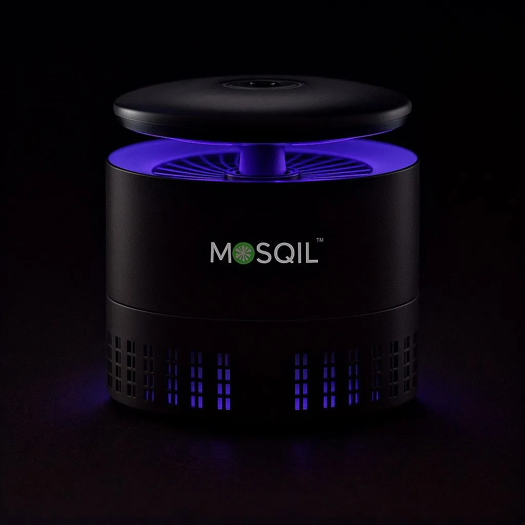 Mosqil mosquito killer machine glowing with purple UV light on a dark background.