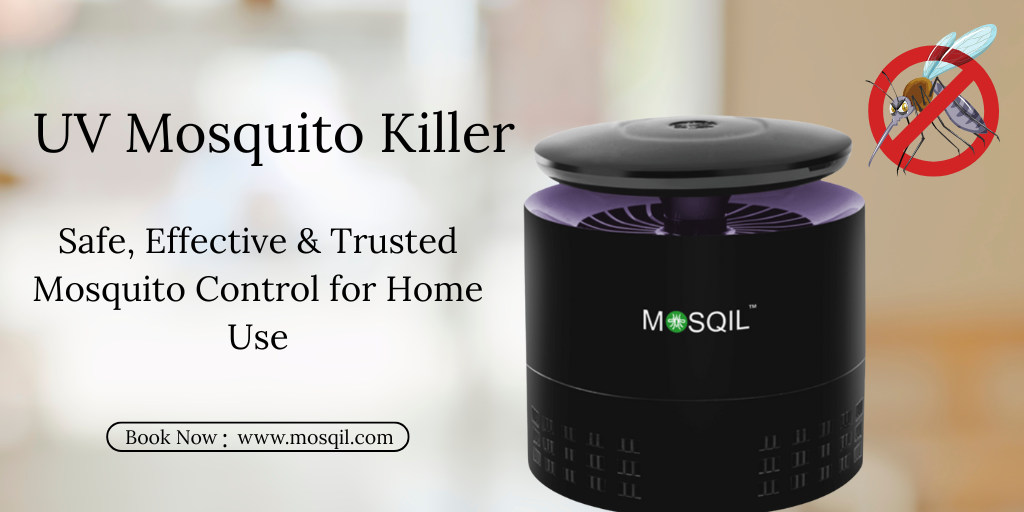 UV mosquito killer device for home use, showing a compact black mosquito control unit with enclosed UV light